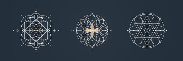 Set of sacred geometry logos. Symmetrical thin lines on dark isolated background with floral and star vector