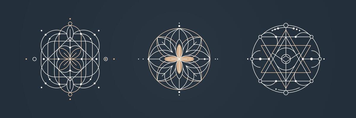Set of sacred geometry logos. Symmetrical thin lines on dark isolated background with floral and star