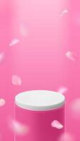 Cylindrical empty stage for product presentation on pink background with rose petals. realistic banner template in romantic style for Valentine Day or International Women Day. vector