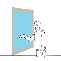 man sticks his hand out of the window, he checks whether it is raining outside - one line art . rain or snow concept vector