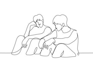 two men sit side by side on the floor or ground resting their outstretched arms on their knees - one line art . concept of friends talking, waiting together vector
