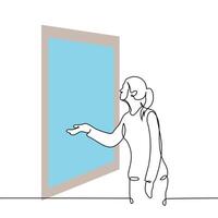 woman sticks his hand out of the window, he checks whether it is raining outside - one line art . rain or snow concept vector