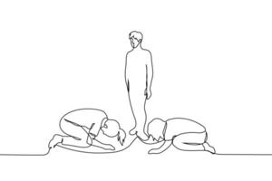 women knelt in a low bow with their heads to the floor in front of a man standing in the center - one line art . concept choose me, idolatry, sectarianism vector