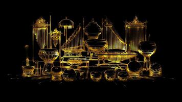 Neon frame effect traditional Southeast Asian musical instruments, the gamelan and angklung, glow, black background. video