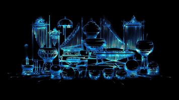 Neon frame effect traditional Southeast Asian musical instruments, the gamelan and angklung, glow, black background. video