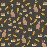 cute rabbit and snail with carrot, mushroom as a pattern background vector