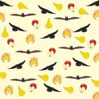 cute bat and crow with apple, peer, fire as a pattern background vector