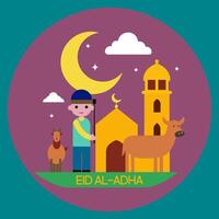 A colorful poster of a building with a moon and stars in the background. The poster reads Eid al-Adha vector
