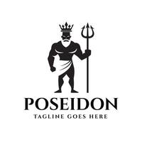 This minimalist silhouette illustration shows the muscular form of Poseidon decorated with a crown and holding a trident vector