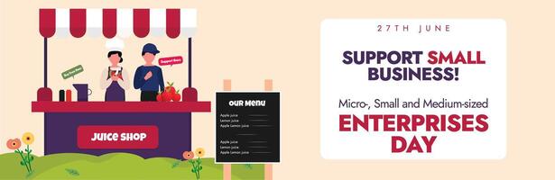 Micro, Small and Medium-sized enterprises day. 27th June MSME day celebration cover banner, post with small juice shop on cart with its two owners. Supporting and appreciating small businesses. vector