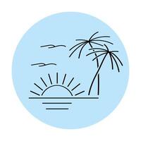 Sunset view with palm trees and bird, lineout popart icon vector