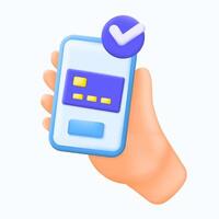 illustration 3D hand holding a smartphone with a checkmark icon and credit card. Perfect for themes on mobile verification, app security, and user authentication. Enhance digital trust vector