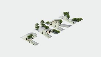 environment isometric park nature. isometric environmental sustainable landscape forest with people rest, 3d render animation. environment with tree, grass leaf, river, footpath on white isolated. video