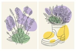 Two lavender-themed illustrations, one showcasing a lush bunch of lavender, and the other a whimsical rain boot vase, both exuding a rustic charm. Line art with colorful blobs vector