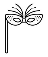 Festive masquerade mask with a stick and feathers, black line icon, editable stroke, pixel perfect illustration for carnival, festival, party vector