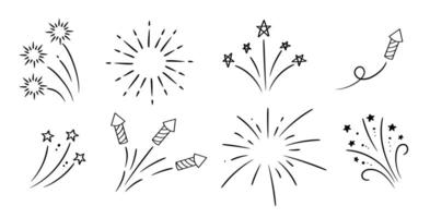 Hand drawn fireworks and stars collection. Doodle sketch. Linear explosions set. vector