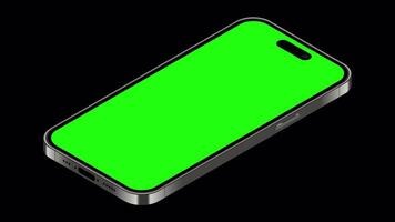 Smartphone animated mockup with green screen. Realistic smartphone mockup. Isometric smartphone animation. Smartphone device isometric technology. Transparent background with alpha channel video