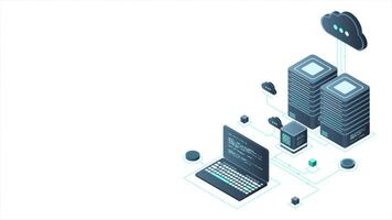 Isometric computer technology animation. Computation of big data center. Cloud computing. Online devices upload and download information. 4K animated in isometric style video