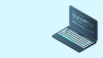 Isometric laptop animation. 3d isometric laptop computer. Abstract programming language and program code on a laptop screen. 4K animated in isometric style video