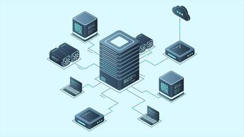 Isometric computer technology animation. Computation of big data center. Cloud computing. Online devices upload and download information. 4K animated in isometric style video