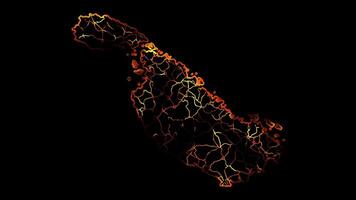 Neon frame effect map of Malta, glow, black background. video