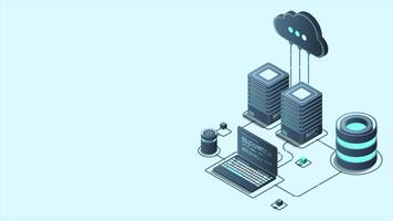 Cloud technology computing animation. Modern cloud technology. Data center isometric concept. Isometric cloud technology with datacenter. Web hosting concept. 4K animated in isometric style video
