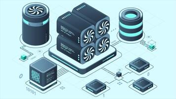 isométrico blockchain animação. isométrico criptomoeda. plataforma criação do digital moeda. grande dados tecnologia dentro isométrico. 4k animado dentro isométrico estilo video