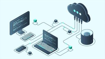 Cloud technology computing animation. Modern cloud technology. Data center isometric concept. Isometric cloud technology with datacenter. Web hosting concept. 4K animated in isometric style video