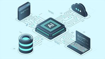 Isometric artificial intelligence chip animation. Artificial Intelligence server. Futuristic microchip processor. Isometric cloud computing. 4K animated in isometric style video