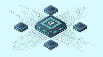 Isometric artificial intelligence chip animation. Artificial Intelligence concept. Futuristic microchip processor. Motion graphic. 4K animated in isometric style video
