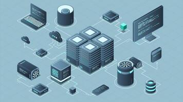 Isometric computer technology animation. Computation of big data center. Cloud computing. Online devices upload and download information. 4K animated in isometric style video