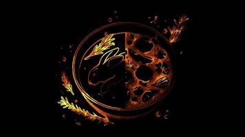 Neon frame effect Fenkata a traditional Maltese rabbit stew, glow, black background. video