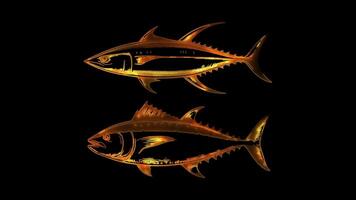 Neon frame effect fresh fish, specifically swordfish and tuna malta, glow, black background. video