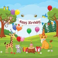 Happy birthday greetings with funny animals on the nature landscape background vector
