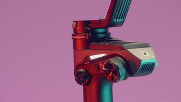 JAPAN, TOKYO - MARCH 21, 2022. Part of the stabilizer is turned over by hand. ACTION. The stabilizer is shown rotating along the axis. On a purple background, a part of the stabilizer is removed for video