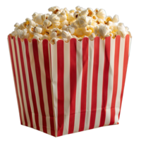 popcorn in a red and white striped paper bag isolated on transparent background , png