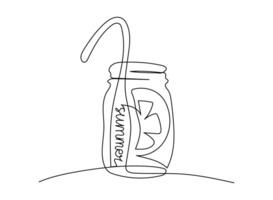 Non-alcoholic Summer drink in glass with a straw and tropical fruits in one continuous line style. Summertime cocktail illustration hand drawn with editable stroke vector