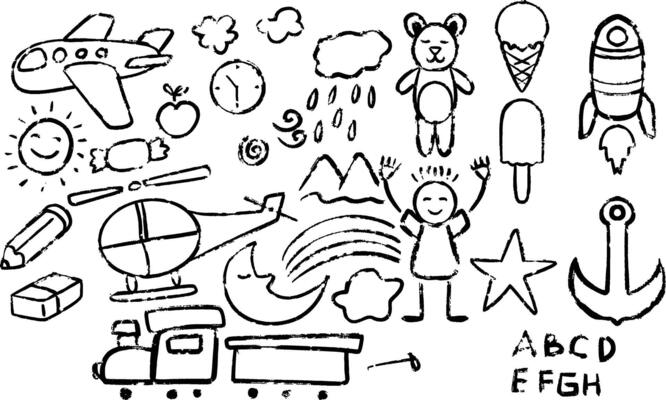 hand drawn children drawing set of cute and funny cartoons object