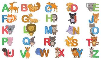 mano dibujado niños dibujo conjunto de vistoso letras con animal caracteres vector