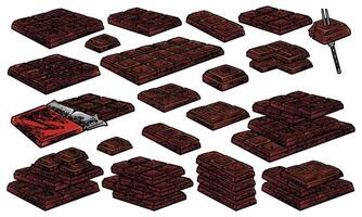 Hand drawn set of colorful engraving chocolates in various forms. vector