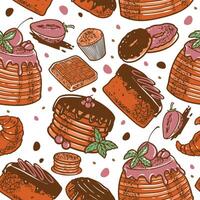 hand drawn engraving desserts set seamless pattern in colorful style vector