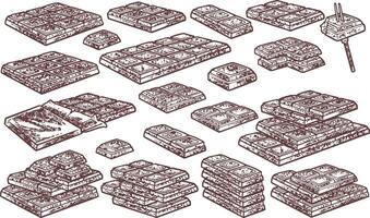 Hand drawn set of engraving chocolates in various forms. vector