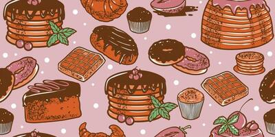 hand drawn engraving desserts set seamless pattern in colorful style vector