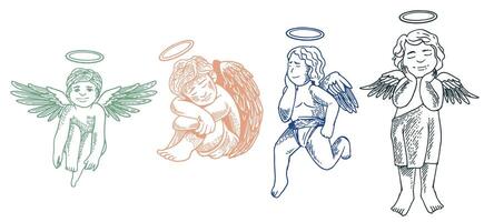 Hand drawn of cupid angels from different views in engraving colorful style illustration. vector