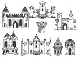 Hand drawn medieval castles drawing ancient building set in engraving black white style . vector