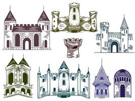 Hand drawn medieval castles drawing ancient building set in engraving colorful style . vector