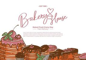 Bakery house background with hand drawn engraving colorful bakery vector