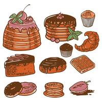 hand drawn engraving desserts set in many kinds of colorful bakery vector