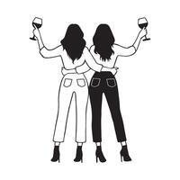 best friends with wine Illustration in black and white vector