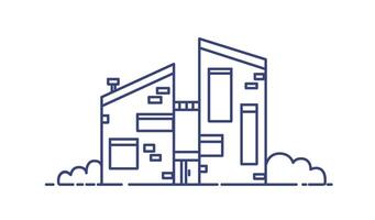 Brick house built using ecological materials. Modern city building drawn with blue contour lines on white background. Contemporary sustainable architecture. illustration in lineart style. vector